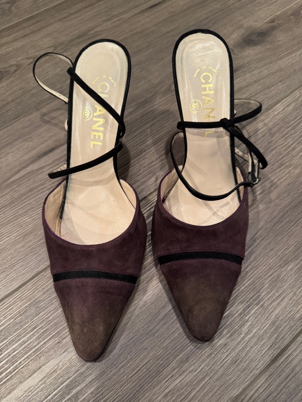 CHANEL Burgundy and Black Suede Pointed Slingback Heels